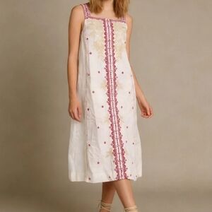 Johnny Was 100% Linen Embroidered Sleeveless Flowy Slip On Shift Midi Dress
